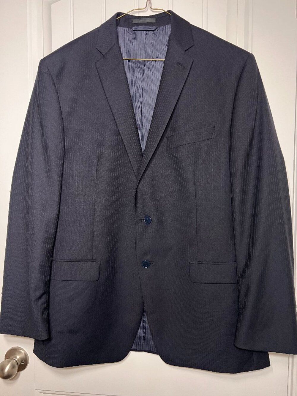 Calvin Klein Slim Fit 100% Wool Navy Blue Pinstripe Suit Jacket Blazer Men's 44R